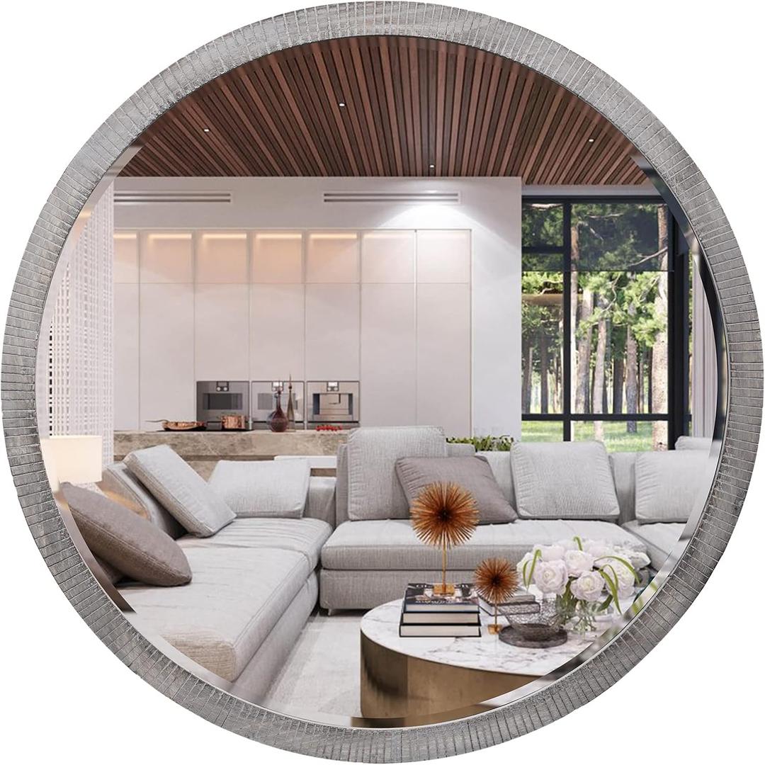 35" Round Wood Mirror, Rustic Circle Wall Mirror with Beveled, Wooden Round Mirrors for Wall Decor, Decorative Wall-Mounted Mirrors for Entryway, Living Room, Washed Gray Frame
