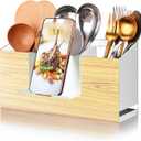 Utensil Holder Large Iron Flatware Container with 3 Compartments Countertop Wall-mounted Kitchen Utensil Storage (White)