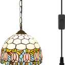 Pink Tulips Tiffany Pendant Light Fixtures 12inch Stained Glass Pendant Lighting Vintage Style Hanging Lamp for Home Decor Kitchen Island Dining Room Hallway Bar