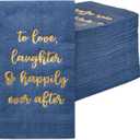 Sparkle and Bash Navy Blue Dinner Napkins for Wedding Reception Party with Gold Foil - To Love, Laughter & Happily Ever After (4 x 8 Inch), Pack of 100 - Bridal Shower - Wedding Plates