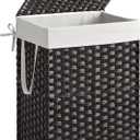 SONGMICS Laundry Hamper with Lid, 23.8 Gallon (90 L) Synthetic Rattan Clothes Laundry Basket with Lid and Handles, Foldable, Removable Liner, Black ULCB51BK