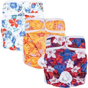 Pet Soft Female Dog Diapers, 3 Pack Washable Dog Diapers Female for Dog in Heat, Reusable Dog Period Panties, Puppy Diapers Female (Blossom, M) (Medium: 14''-19'')