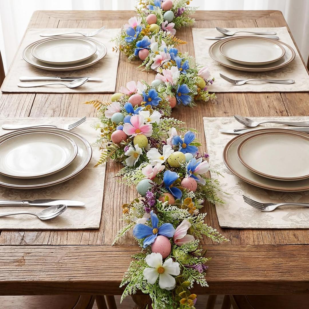 Ceenna 6ft Easter Garland Easter Egg Garland Flower Wreath with Flowers Eggs Leaves for Spring Mantle Fireplaces Archways Home Table Centerpieces Decoration (Pink Flower)