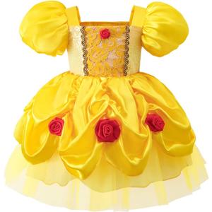 Infant Girls Princess Dress Yellow Ball Gown with Rose Decor Tiara Headband for Toddler Birthday Party 12-18M