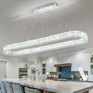 HAIXIANG Crystal 59 Inch Long Chandelier Modern Dimmable LED Chandeliers for Dining Table Pendant Lights Rectangular Glam Lighting Fixtures for Dining Room Kitchen Island Silver, Oval : L59"
