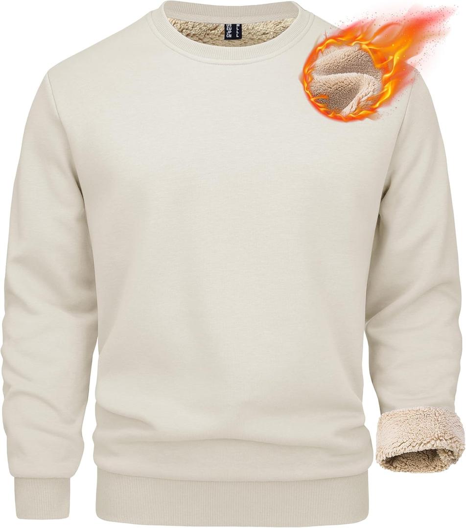 MAGCOMSEN Men's Sherpa Lined Sweatshirts Fleece Pullover Basic Tops Warm Crewneck Winter Sweatshirt (Large, Light Khaki)