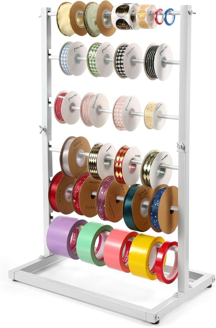 Aulin 6 Tier Large Capacity Ribbon Storage Organizer Rack - Metal Ribbon Spool Holder for Craft Ribbon Washi Tape Arts & Crafts Supplies, Ribbon Rack for Craft Room, Florist Arts Wrapping (White)