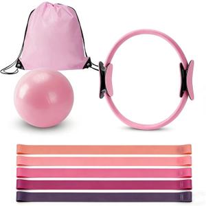 Pilates Ring Kit for Women, Magic Circle Hoop, 5 Resistance Bands, Yoga Ball, Workout Guide Included Full-Body Pilates Workout Equipment Suitable for Beginners(8pcs) (8pcs-Pink)