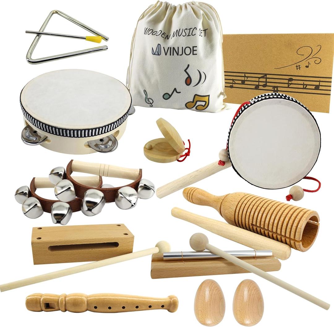 VINJOE Wooden Music SetKids Musical Instruments Toys, Natural Wood Percussion Instruments Toy for Kids Preschool Education Baby Musical Toys Instrument Set for Toddlers Best Gifts for Christmas