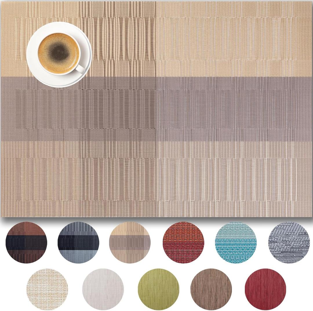 Placemats Set of 8 - Easy Clean Woven Vinyl Placemats for Dining Table, Indoor/Outdoor Place Mats, Washable PVC Table Mats Gold Dune