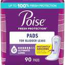 Poise Incontinence & Postpartum Pads for Bladder Leaks, 6 Drop Ultimate Absorbency, Long Length, 90 Count, Packaging May Vary