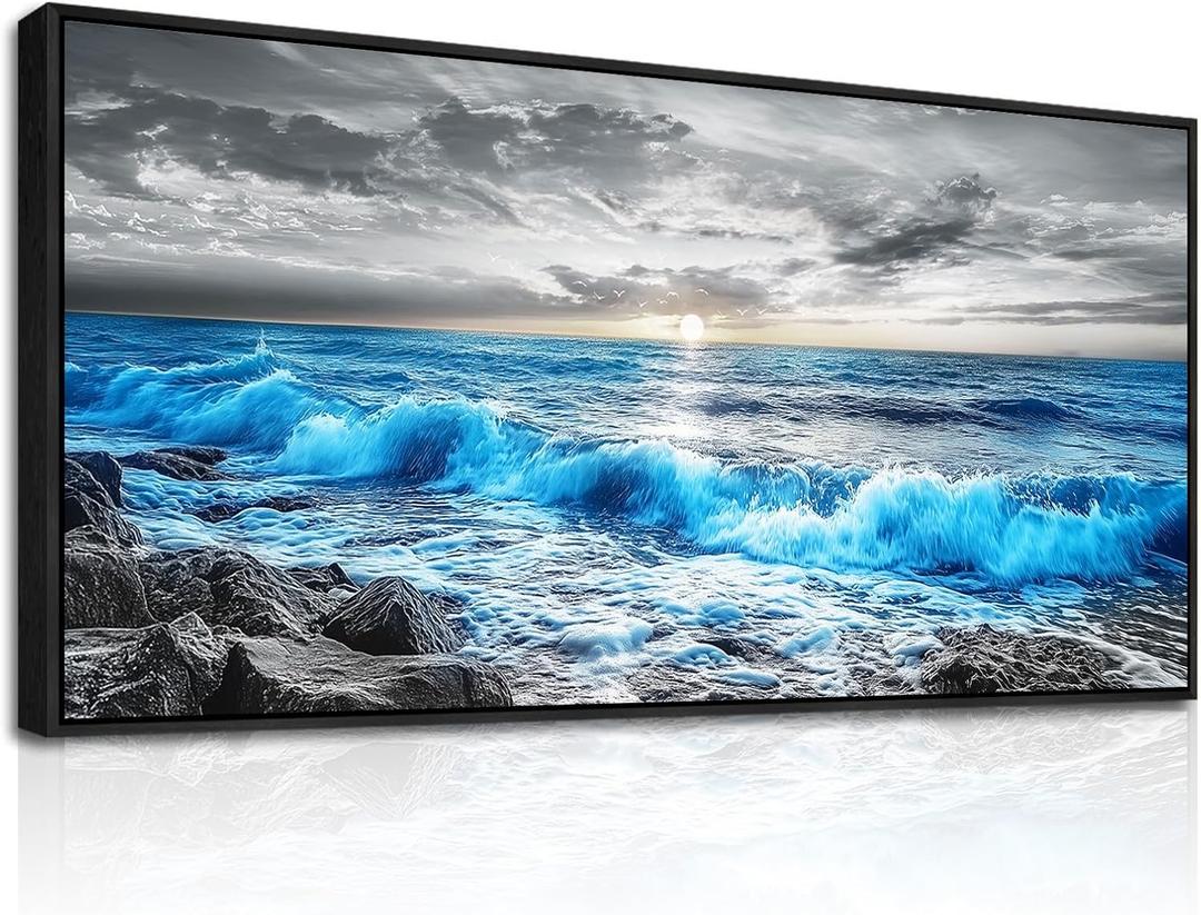 FUHAIHUA Black Framed Canvas Wall Art For Living Room Large Wall Decor For Office Bedroom Decorations Ocean Wave Landscape Picture Modern Painting Artwork Room Mural Aesthetic Home Decor 30x60 In (60L" x 30W")