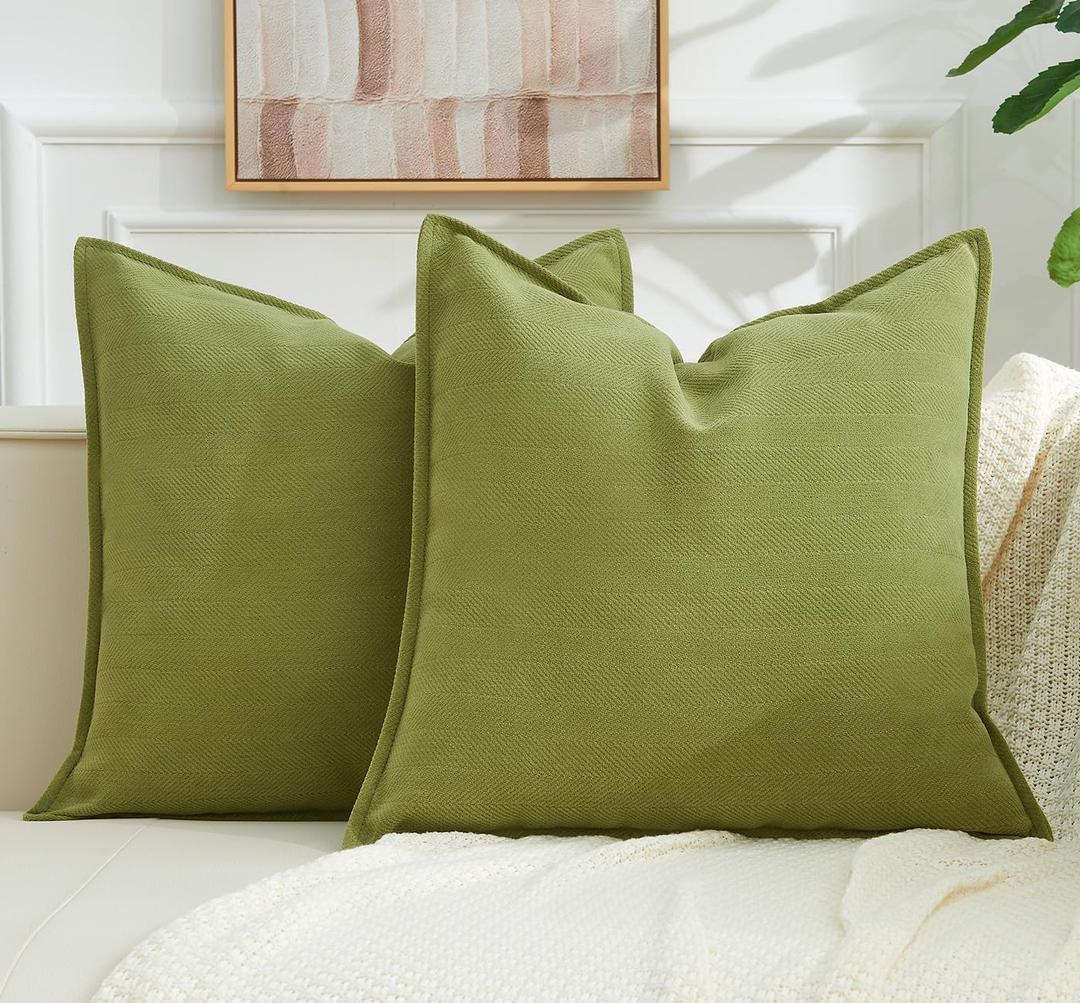 Throw Pillow Covers Olive Green Set of 2 18x18 Inch Pillow Covers, Soft Chenille Farmhouse Neutral Decorative Pillowcases for Couch Sofa Bed Living Room, Home Boho Decor, Modern Cushion Covers