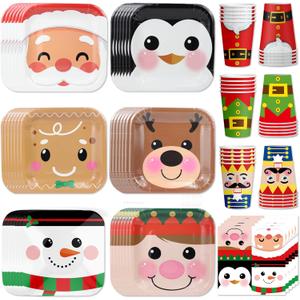 HABDJILTY 120 Pcs Christmas Paper Plates and Napkins Tableware Set, Christmas Party Supplies - Disposable Santa Gingerbread Snowman Plates Napkins Cups for Xmas Winter Party Table Decorations,Serve 30
