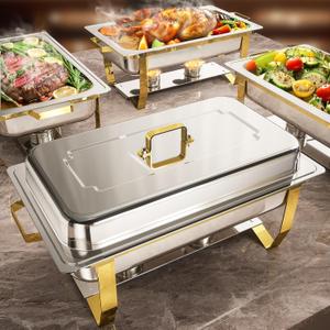 Chafing Dishes for Buffet 4 Pack, 8QT [Elegant & Sturdy] Chafing Dish Buffet Set, Stainless Steel Chafers and Buffet Warmers Sets, [High Grade Gold & Silver Colors] Food Warmers for Parties, Christmas