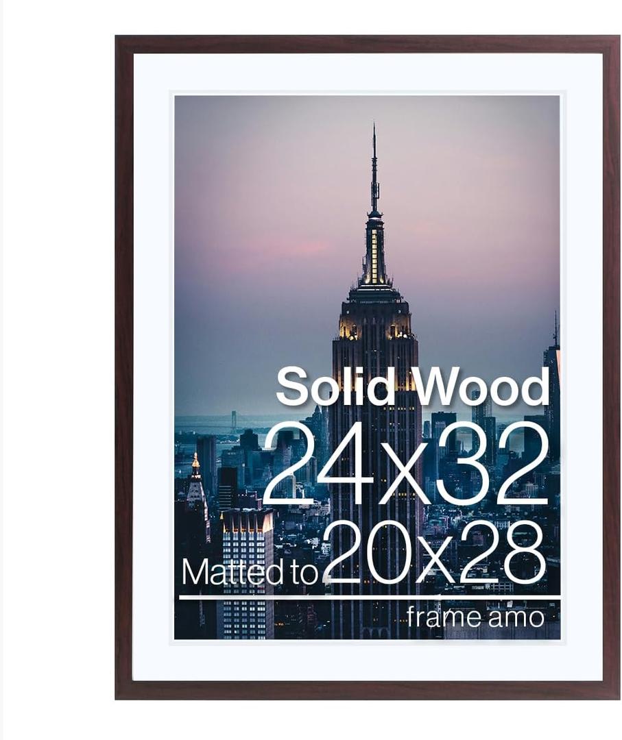 Frame Amo 24x32 Solid Wood Picture Frame with 19.5x27.5 White Mat Opening for 20x28 Image, Brazilian Walnut, 1 Inch Border, Acrylic Face