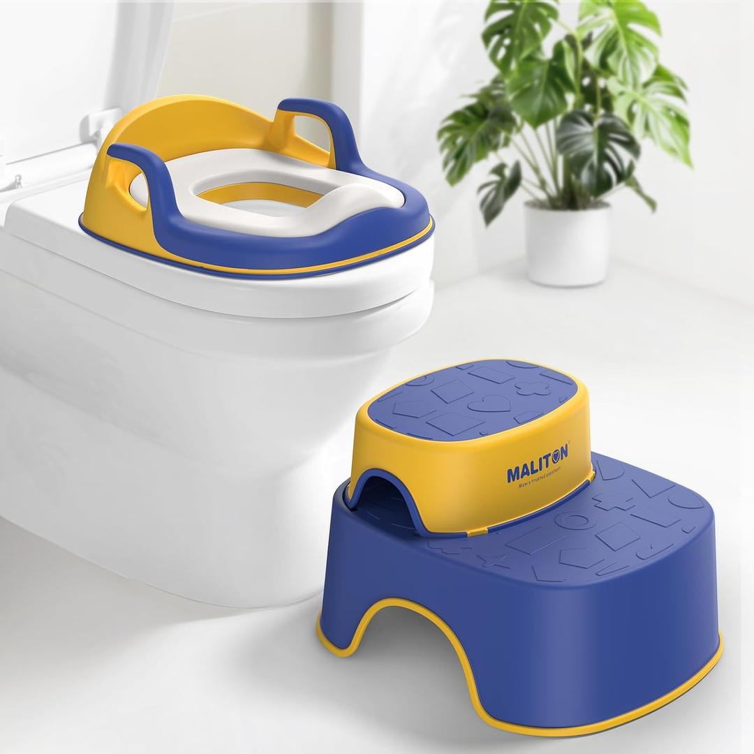 Maliton Potty Training Toilet Seat & Step Stool, 2-in-1 Anti-Slip Blue | Potty Seat + Separate Step Stool, Adjustable Fits More Toilets, Anti-Slip, Sturdy, Splash Guard, Easy cleanBoys & Girls.