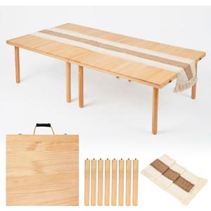 Wooden Folding Picnic Table - 60" x 30" Boho Low Picnic Table with Table Runner, Foldable Table for Indoor Outdoor Camping, Wedding, Beach, Garden, Party, 60" x 30" x 15.7"