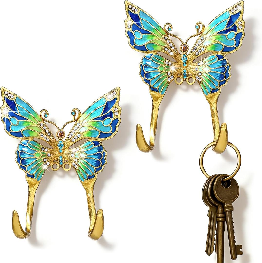 2 Pack Butterfly Wall Hooks Decorative Vintage Brass Coat Towel Hooks Wall Mounted with Screw for Hanging Purse Hat Keys Clothes Curtain Heavy Duty Bathroom Decor