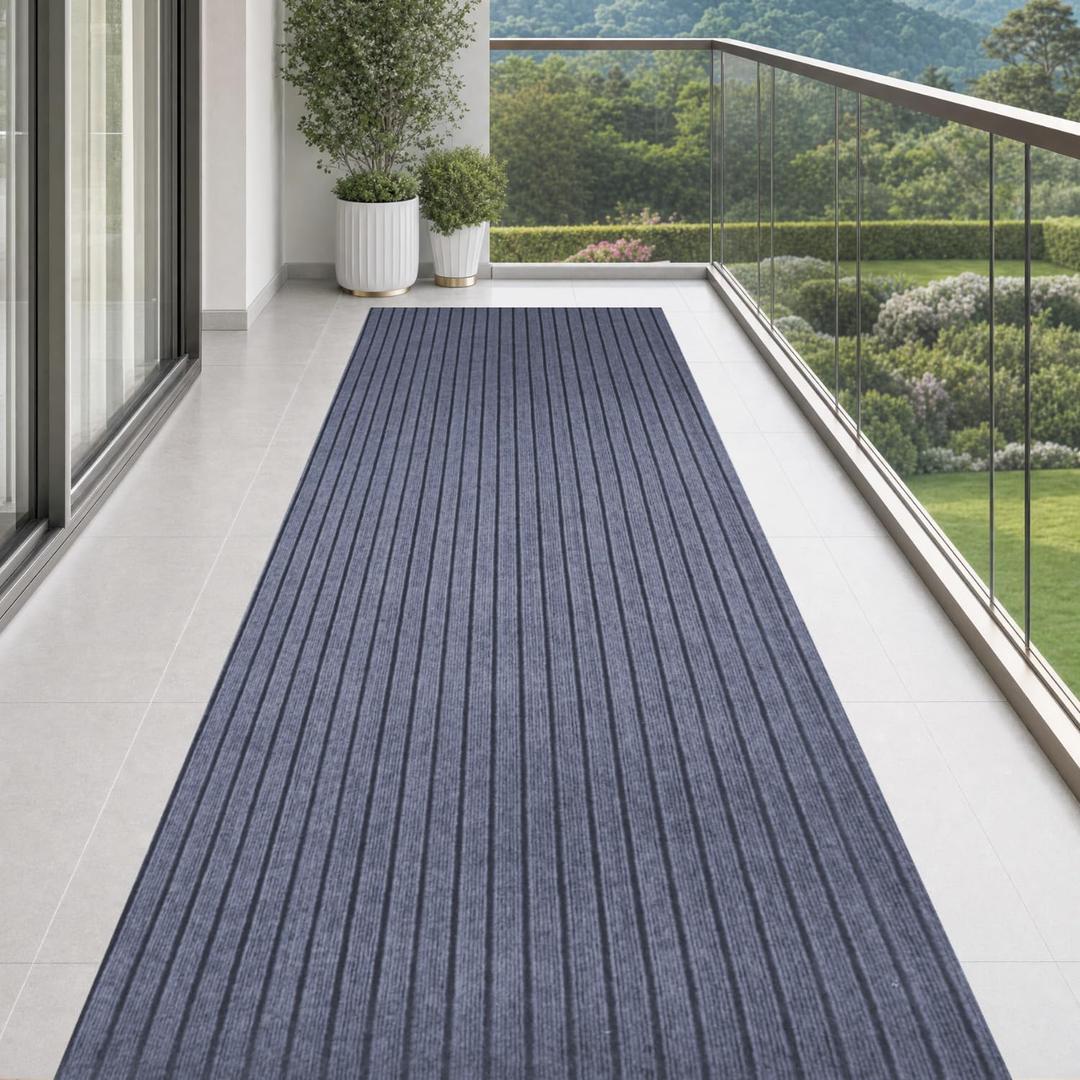 3' x 15' Stripe Runner Rug with Rubber Backing, Indoor/Outdoor Non-Slip Low-Profile Carpet for Hallway, Kitchen, Entryway, Patio, Stair, Laundry – Gray& Stripe