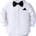 SALNIER Baby Boy 5PCS Formal Outfit Soft Cotton Romper Suspender Pants Bowtie Beret Hat Infant Wedding Birthday Party Suit (Black-whi,6-12 Months)