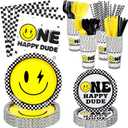 Norme 344 Pcs One Happy Dude Birthday Decorations Smile Face Party Tableware Serve 24 Guests, Include 7 in 9 in Paper Plates Disposable Knife Fork Spoon Napkins Cup Straw for 1st Birthday Baby Shower