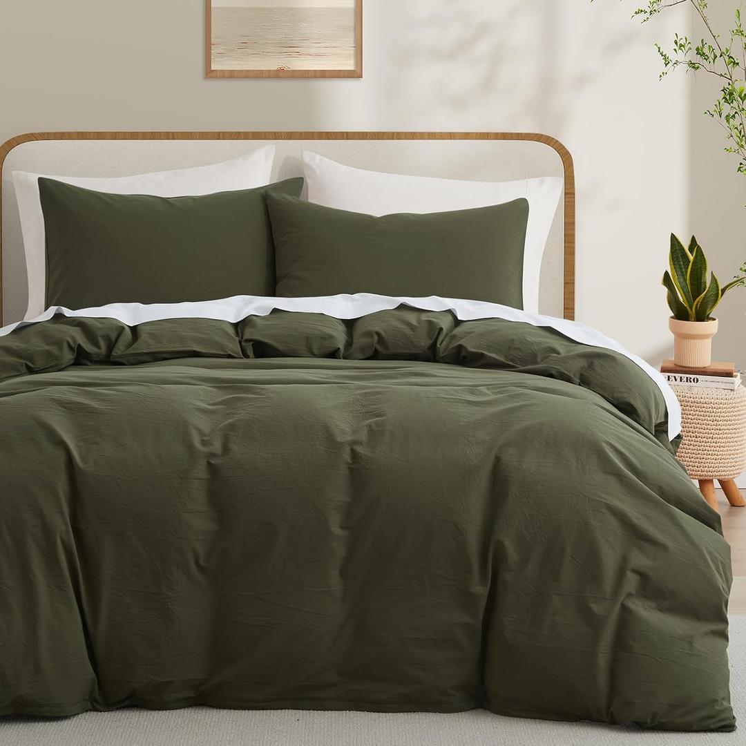 LOVQUE Olive Green Cotton Duvet Cover Queen Size, Linen Like Natural Bedding Set with Zipper Closure (No Comforter), 90x90 Inches