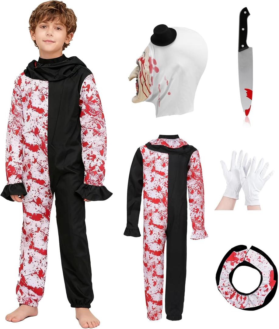 Kids Art Clown Costume with Mask Scary Terrifying Costume Horror Killer Uniform Halloween Outfit Cosplay Props (X-Large/150)