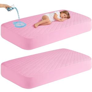 2Pack Waterproof Crib Mattress Protector,Cotton 52X28 Fitted Crib Sheets Crib Mattress Protector Sheets,Soft Toddler Bed Sheets,Washable Infant Fitted Baby Bed Sheets (Pink, 52X28inch)