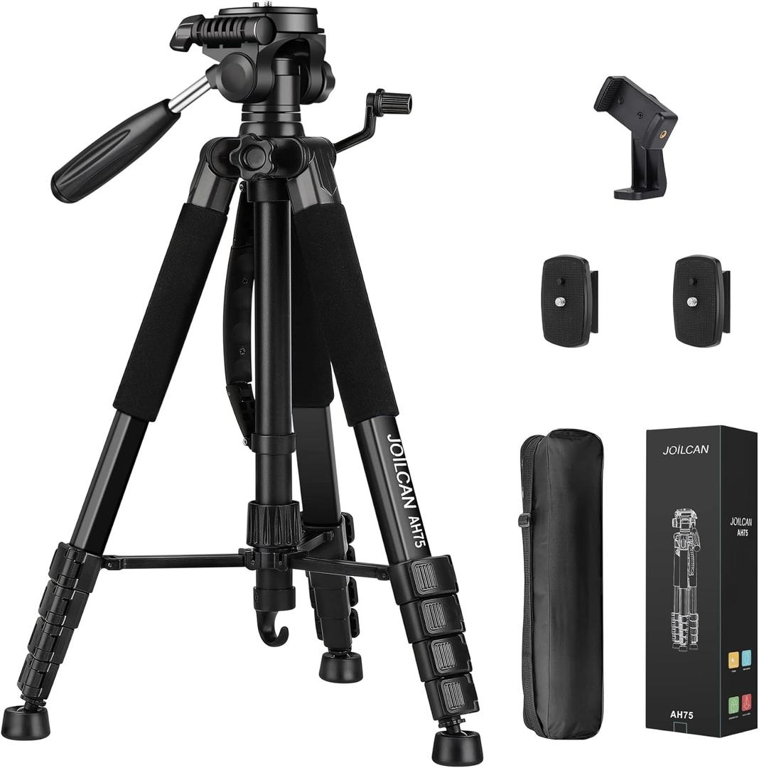 JOILCAN Tripod Camera Tripods, 74" Tripod for Camera Phone Video Recording, Heavy Duty Camera Tripod Stand, Professional Travel DSLR Tripods Compatible with Canon iPhone, Max Load 15 LB (74", Black)