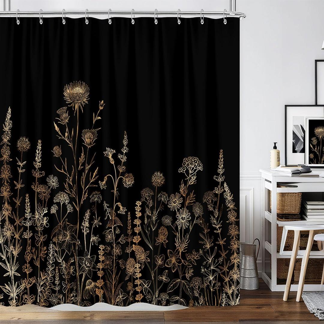 Vintage Black and Gold Boho Shower Curtain, Black and Tan Cream Floral Aesthetic Dark Wildflower Botanical Flowers Shower Curtain for Bathroom with Hook, Farmhouse Plant Art Chic Shower Curtain 60X72
