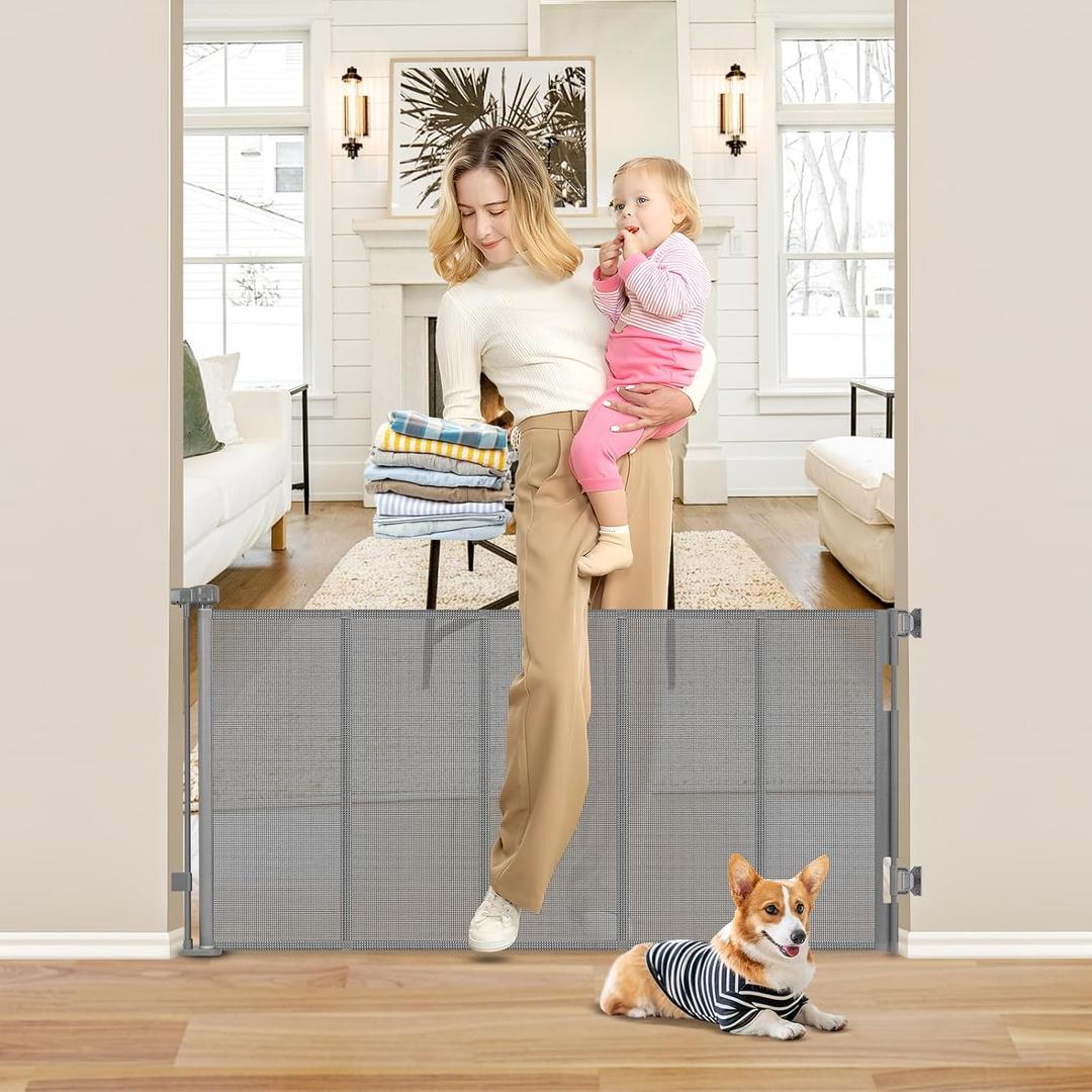 Reinforced 26 Inch Tall Retractable Child Gate to Step Over 55" Wide Small Retractable Baby Gates for Stair Retractable Dog Gate Short Mesh Dog Gate Retractable Toddler Gates for Doorways Doggy Gate (Gray)
