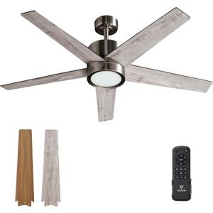 52 Inch Ceiling Fan Brushed Nickel Remote Controlled Dimmable Light Combo - Quiet Reversible DC Motor - 5 Blades