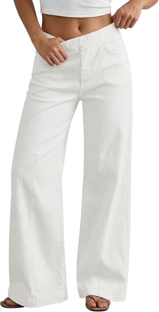 GRAPENT Pull On Womens Jeans Baggy Stretchy High Waisted Denim Wide Leg Trouser Pants Trendy Front Seam 90s Loose Jean (White, S)