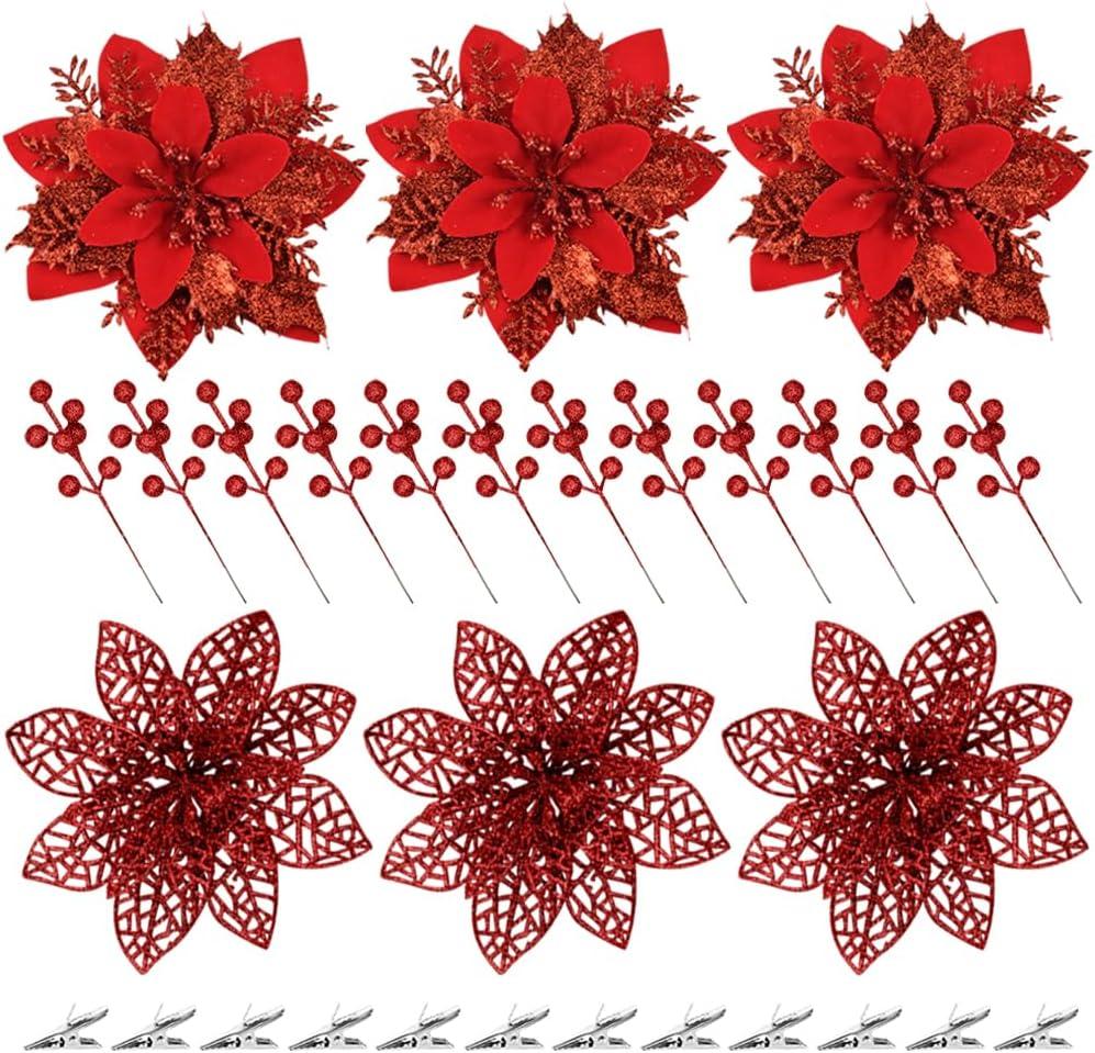 24pcs Christmas Glitter Tree Picks, 12pcs Poinsettias Artificial Flowers and 12pcs Berry Picks Christmas Tree Decorations Ornaments (Red)