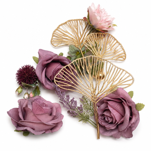 Artificial Flower Decor Set with Gold Ginkgo Leaves, Mauve Rose Floral Arrangement for Wedding, Party, Table and Home Decoration