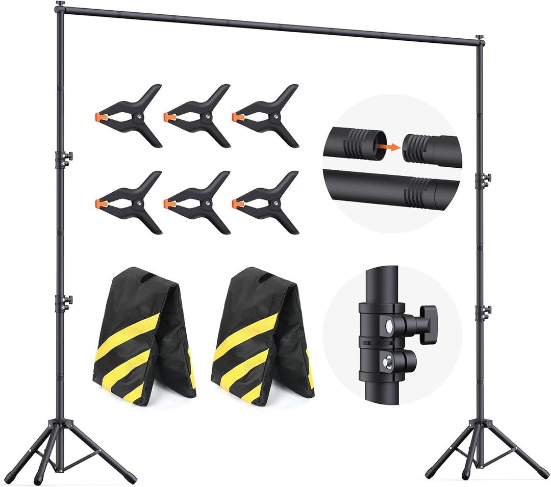 Backdrop Stand 10x7.5ft (WxH), Photo Backdrop Stand for Parties, Heavy Duty Background Stand Kit with 6 Clamps and 2 Sandbags