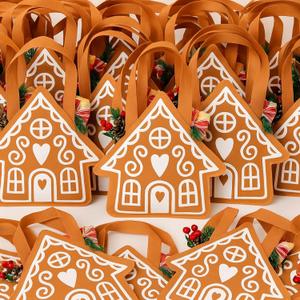 SilTriangle 24 Pcs Christmas Non-woven Gingerbread Bag Party Gift Gingerbread House Shaped Favors with Handles Tote Treat Goodie Candy Bags for Xmas Theme Party Reusable Supplies