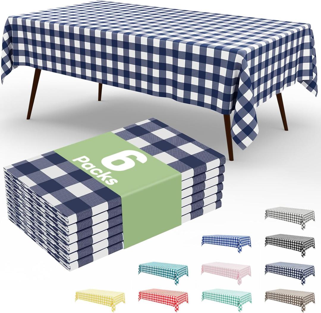 Smiry 6 Packs Gingham Disposable Table Cloth, 54 x 108 Inch Waterproof Plastic Tablecloth, Rectangle Navy and White Checkered Table Covers for Picnic, Birthday, Party