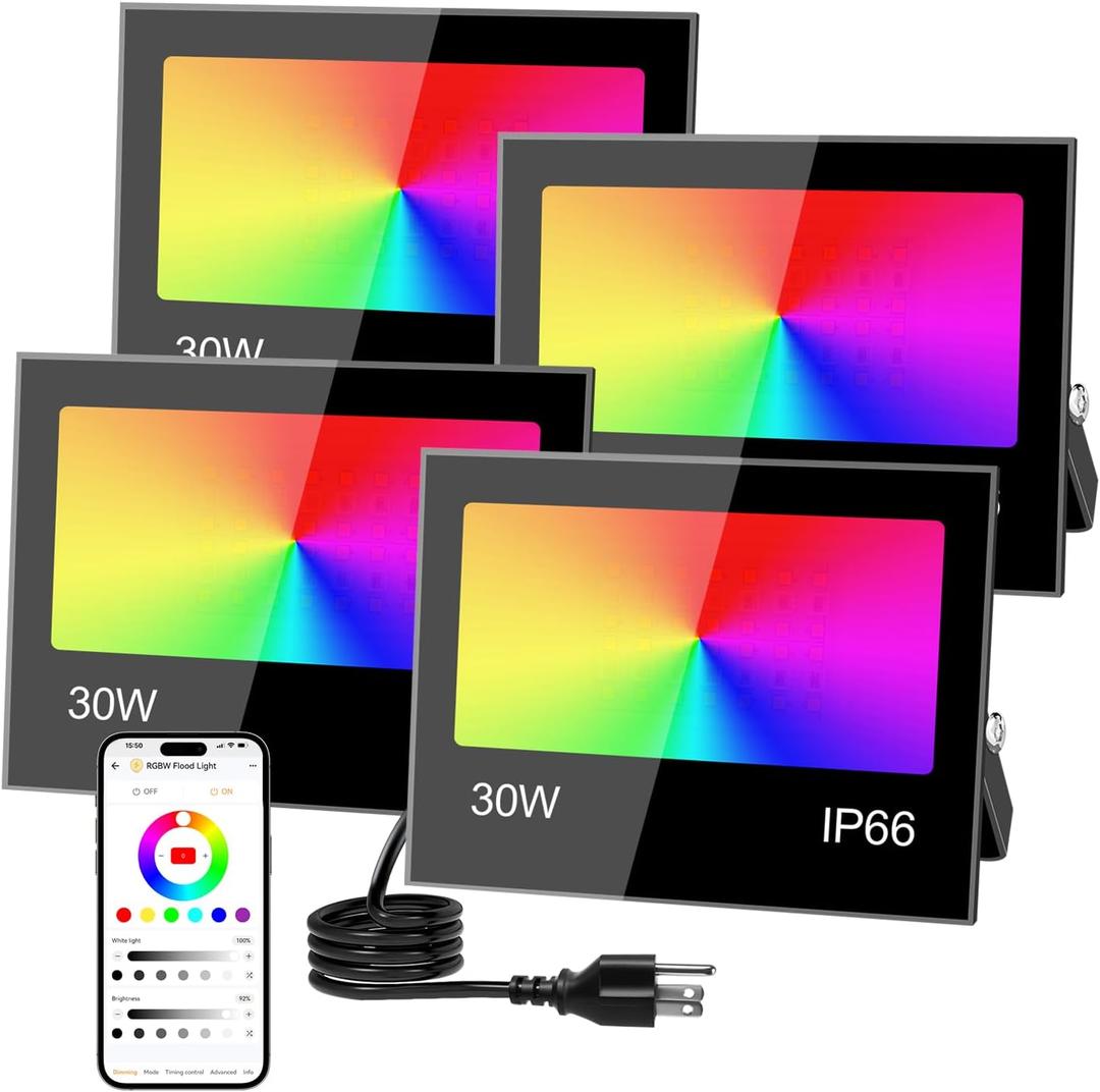 Remon LED Flood Light Outdoor 30W, 300W Equivalent 3000LM Color Changing Stage Spotlight with APP Control, 43 Modes, Timing, Warm White 2700K, Smart RGB Landscape Uplight, IP66 Waterproof (4 Pack)