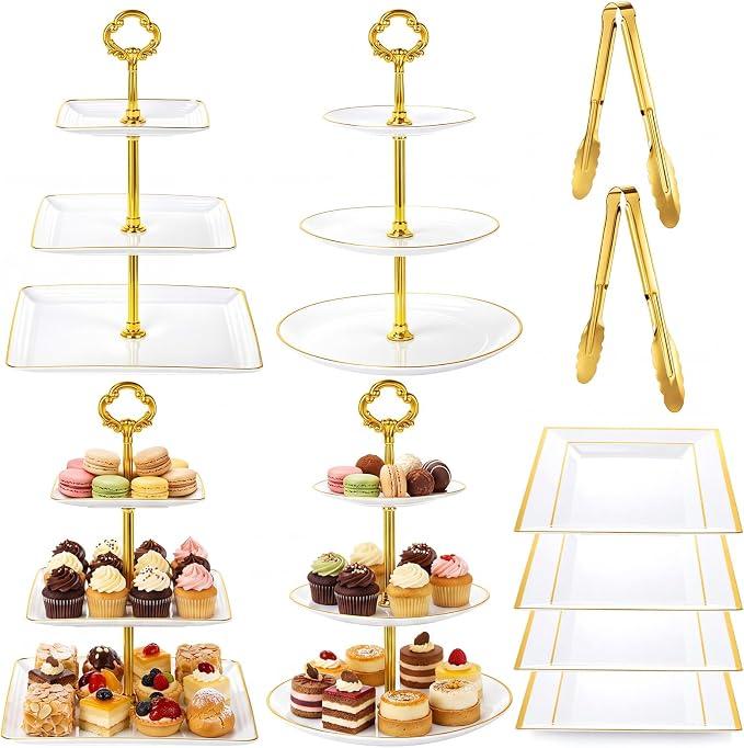 Willinglong 10 Pack Cake Stand Set Cake Stand with Gold Rim,Flower Top
4 Three-tier Cupcake Stands, 4 Serving Trays, 2 Tongs for Dessert Table Display, Elegant Plastic Pastry Tower for Weddings