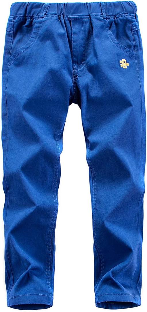 Boys Solid Color Elastic Waist Cotton Uniform Pants with Embroidery for Kids School & Play (Blue)