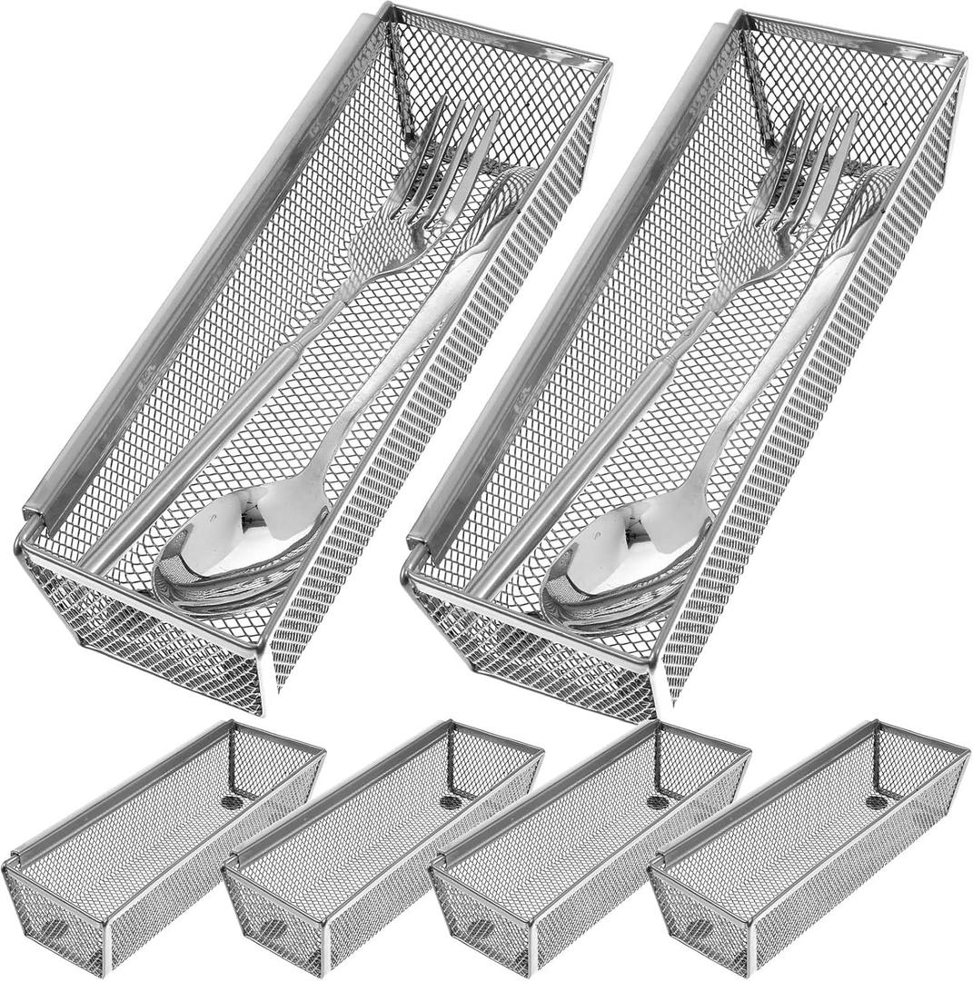 6 Pcs Mesh Silverware Drawer Organizer, Metal Drawer Organizer for Kitchen, Small Utensil Drawers Organizers with Interlocking Arm for Flatware, Knives, Spoons,Cosmetic (Silver 9 * 3 * 2 inch)