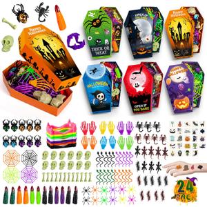 269 PCS Halloween Party Favors for Kids, 24 Pack Coffin Box Treat Goodie Bags with Non-Candy Treats Toys Bulk for Trick or Treat, Halloween goodie bag stuffersKids Prizes Classroom Basket Stuffers