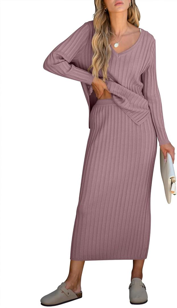 ANRABESS Women's 2 Piece Outfits Sweater Skirt Sets Casual Long Sleeve V Neck Ribbed Knit Tops Midi Dress 2025 Fall Fashion Light Purple Small (S)