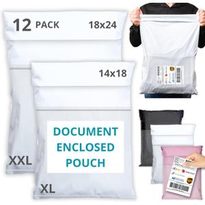 Shipping Bags (12 Pack) with Label Pouch - 14x18 & 18x24 - Poly Mailers for Clothes, Self-Seal Plastic Mailing Envelopes - Tear & Water-Resistant Packaging Bags for Clothing, Not Padded (White)