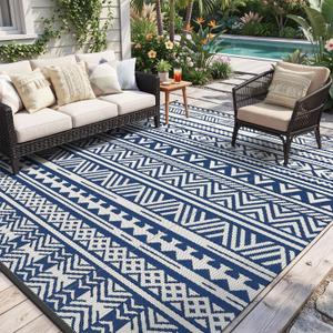 MontVoo Outdoor Rug 8x10 Waterproof Outdoor Patio Rug Mat Reverisble Plastic Straw Outdoor Rug for RV Camping Picnic Beach Balcony Boho Navy Blue
