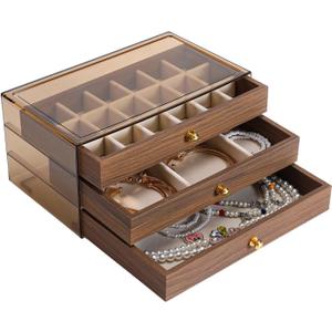 3 Layer Wooden Drawers Jewelry Box Vintage Style Jewelry Organizer with Acrylic Cover, Jewelry Storage Display Box for Ring Earrings Necklace Bracelet Box for Women and Girls(Walnut Color) (A)