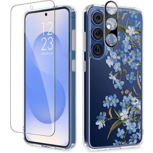 GVIEWIN for Samsung Galaxy S25 Plus Case with Screen Protector & Camera Lens Protector, [Non Yellowing] Clear Floral Hard Shockproof Bumper Women Phone Case for S25 Plus 6.7" (Aconite/Blue) (For S25 Plus without Magnetic)