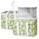 Bodaon 2-Pack Insulated Reusable Grocery Shopping Bags,Large Picnic Cooler Bag with Zipper Zippered Top Cold, Green-Leaf